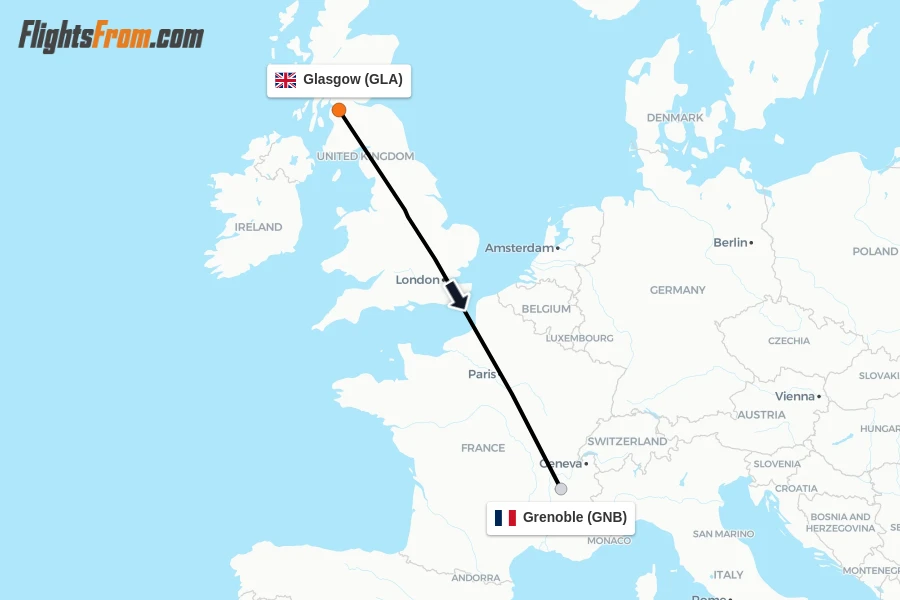 Flights from Glasgow to Grenoble route map