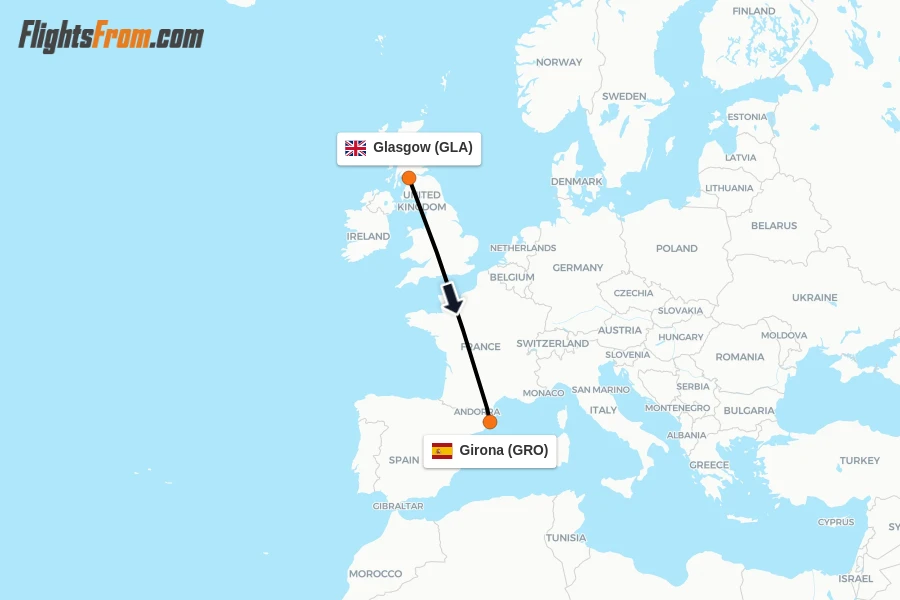 Flights from Glasgow to Girona route map