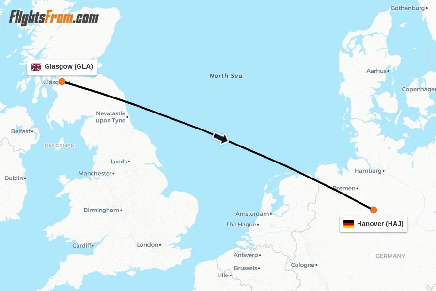 Flights from Glasgow to Hanover route map