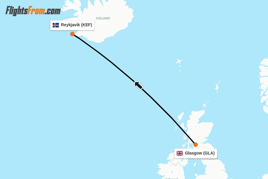Flights from Glasgow to Reykjavik route map
