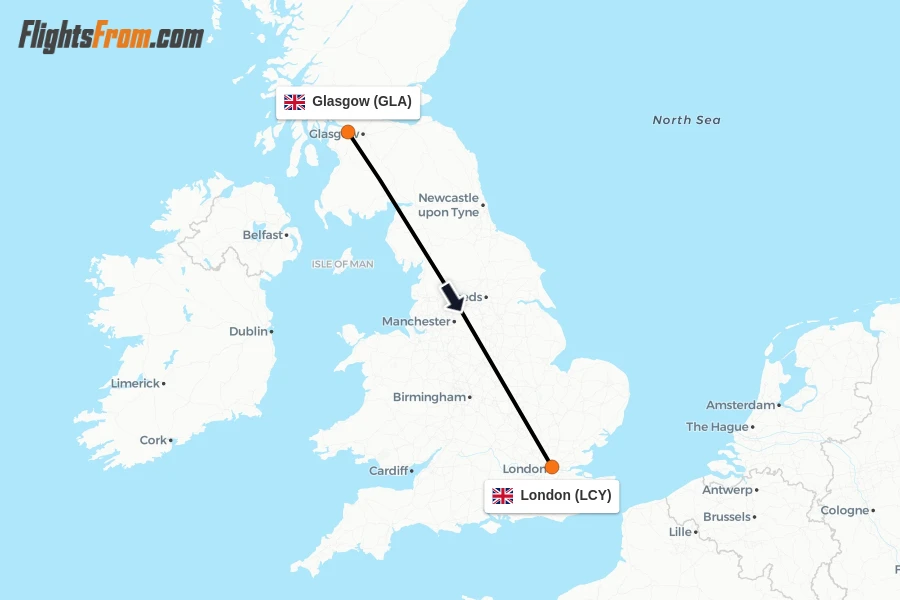 Flights from Glasgow to London route map