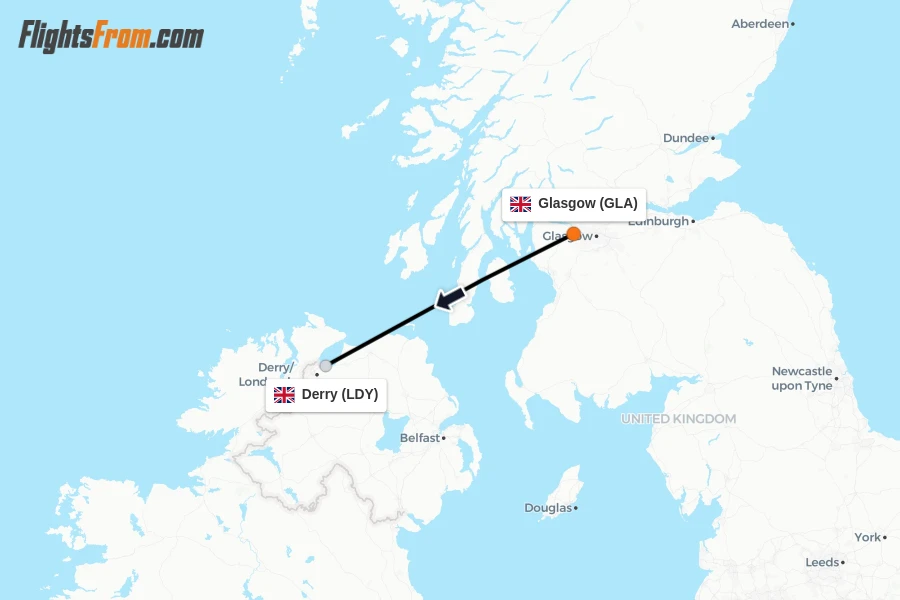 Flights from Glasgow to Derry route map