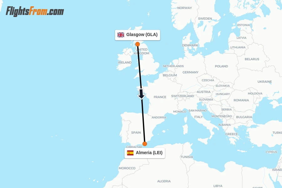 Flights from Glasgow to Almeria route map