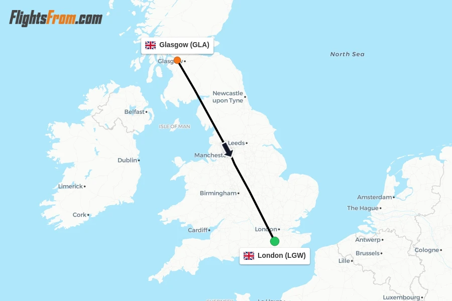 Flights from Glasgow to London route map