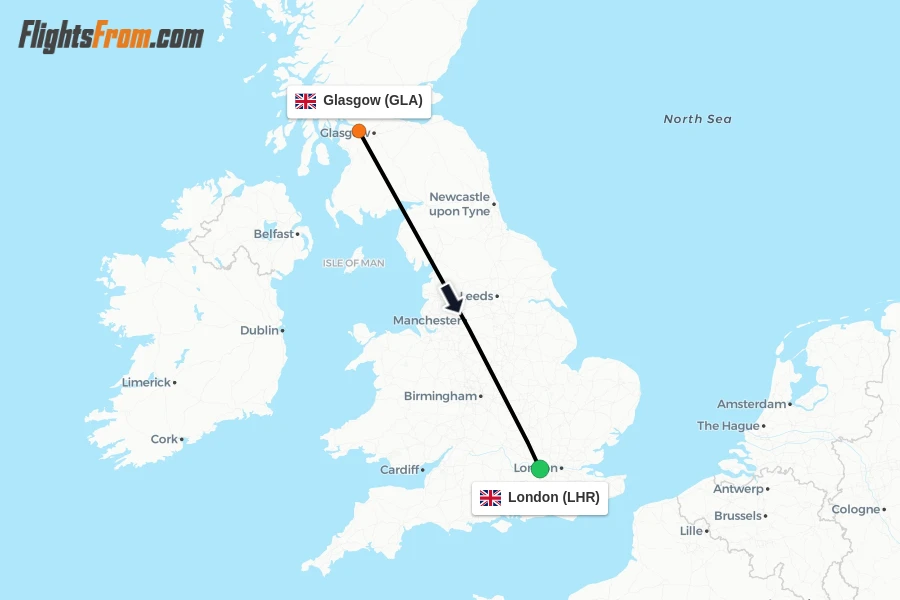 Flights from Glasgow to London route map
