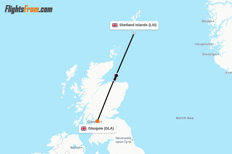 Flights from Glasgow to Shetland Islands route map
