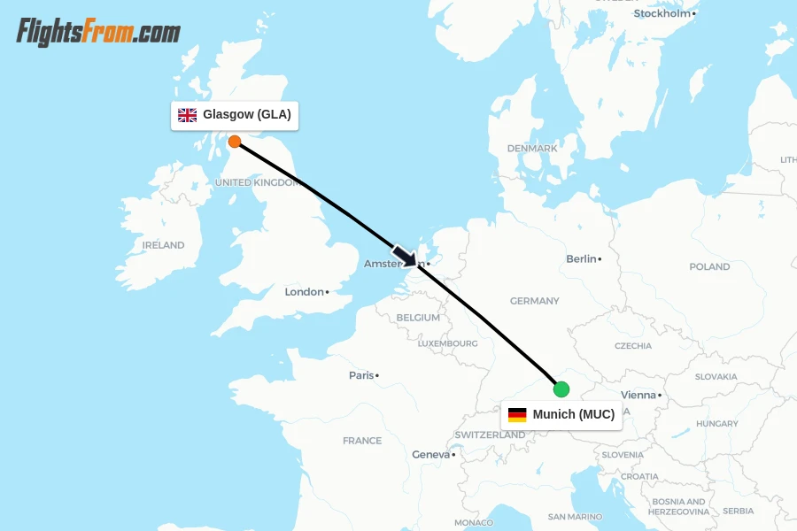 Flights from Glasgow to Munich route map