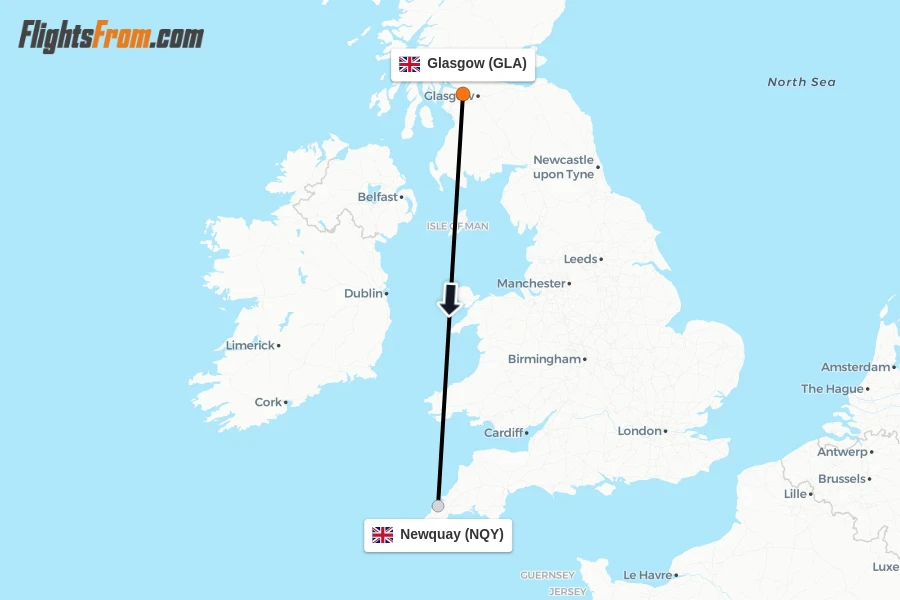 Flights from Glasgow to Newquay route map