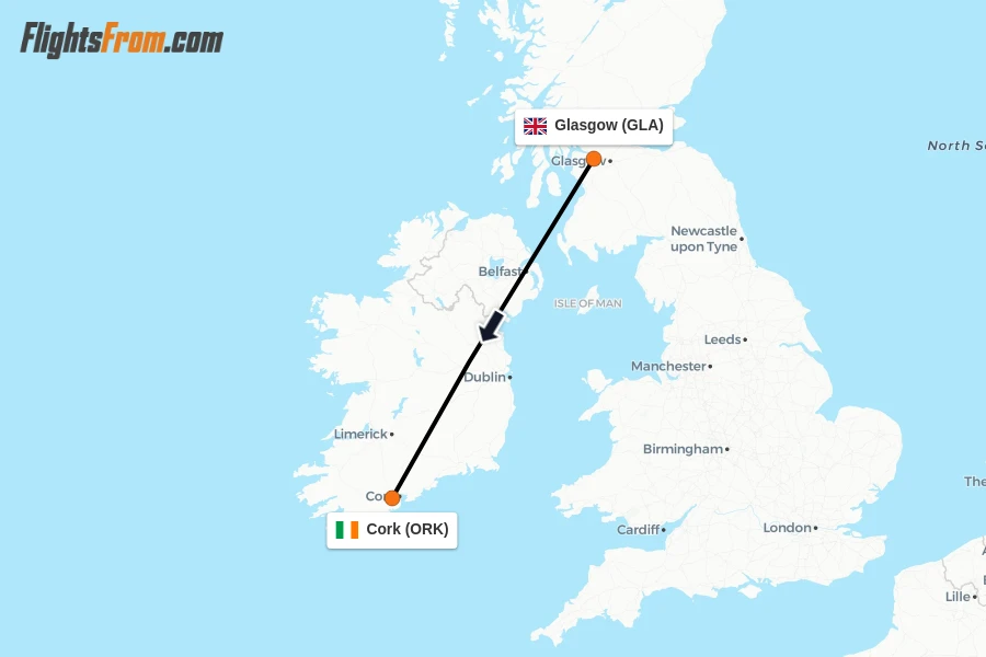 Flights from Glasgow to Cork route map