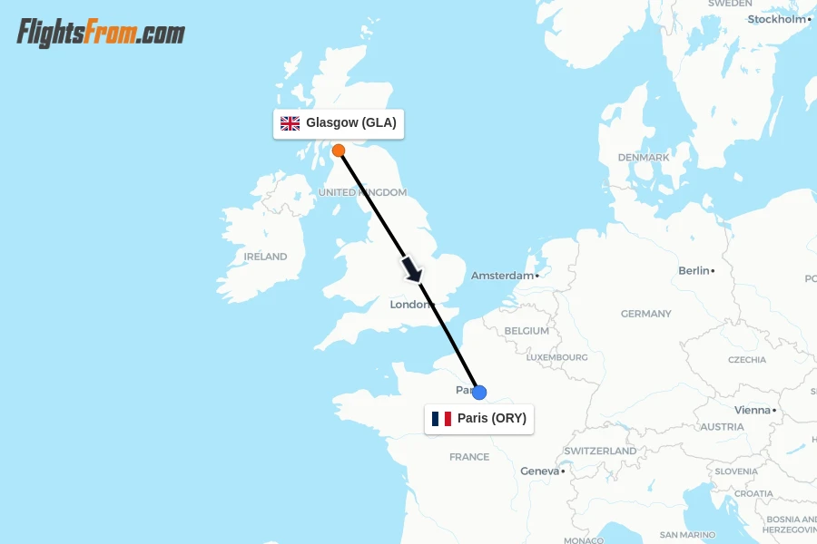 Flights from Glasgow to Paris route map