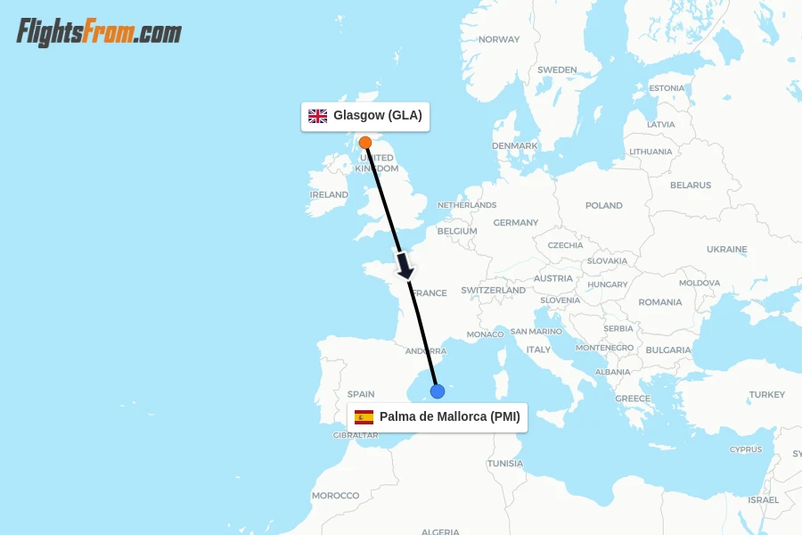 Flights from Glasgow to Palma de Mallorca route map