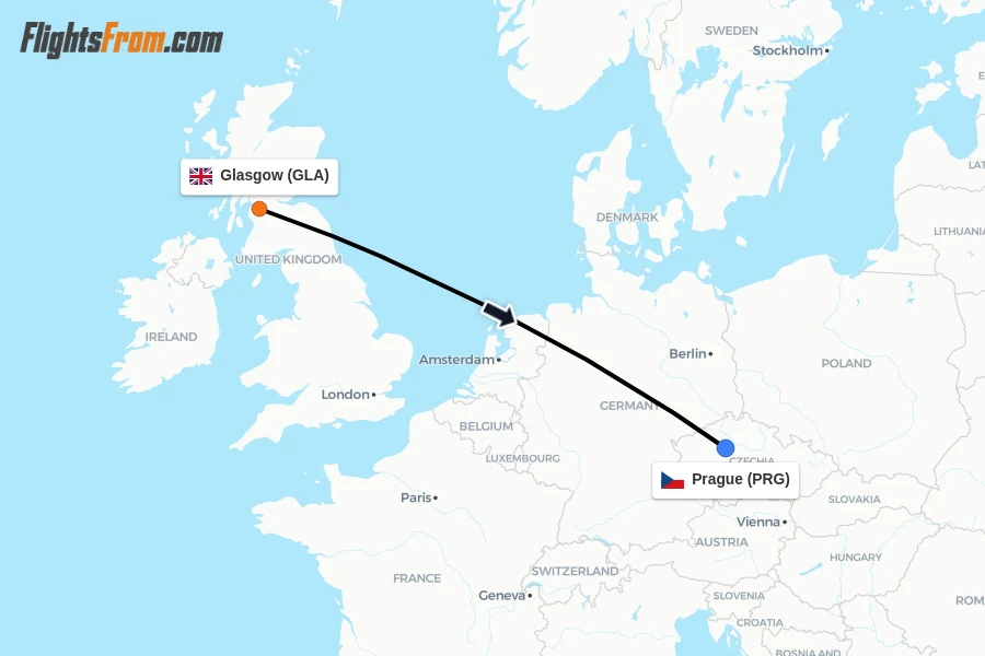 Flights from Glasgow to Prague route map