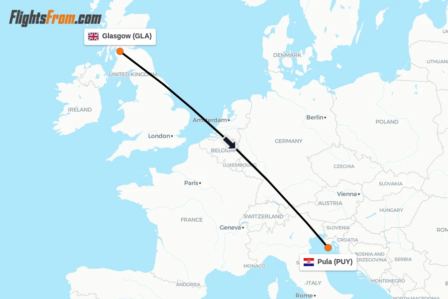 Flights from Glasgow to Pula route map