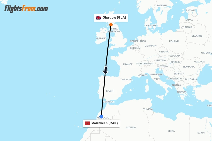 Flights from Glasgow to Marrakech route map