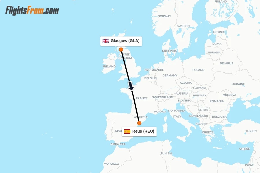 Flights from Glasgow to Reus route map