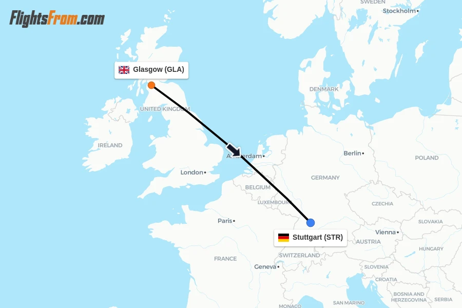 Flights from Glasgow to Stuttgart route map