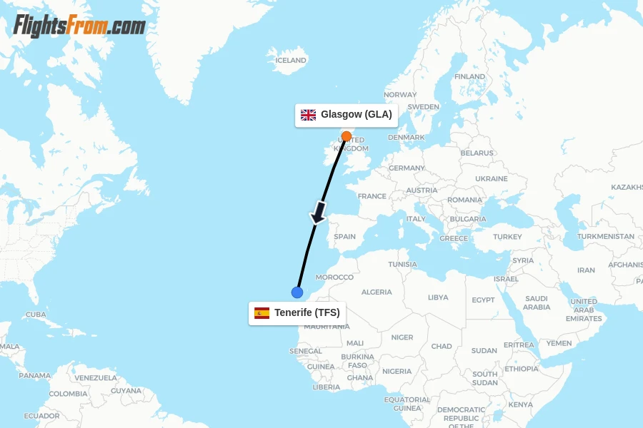 Flights from Glasgow to Tenerife route map