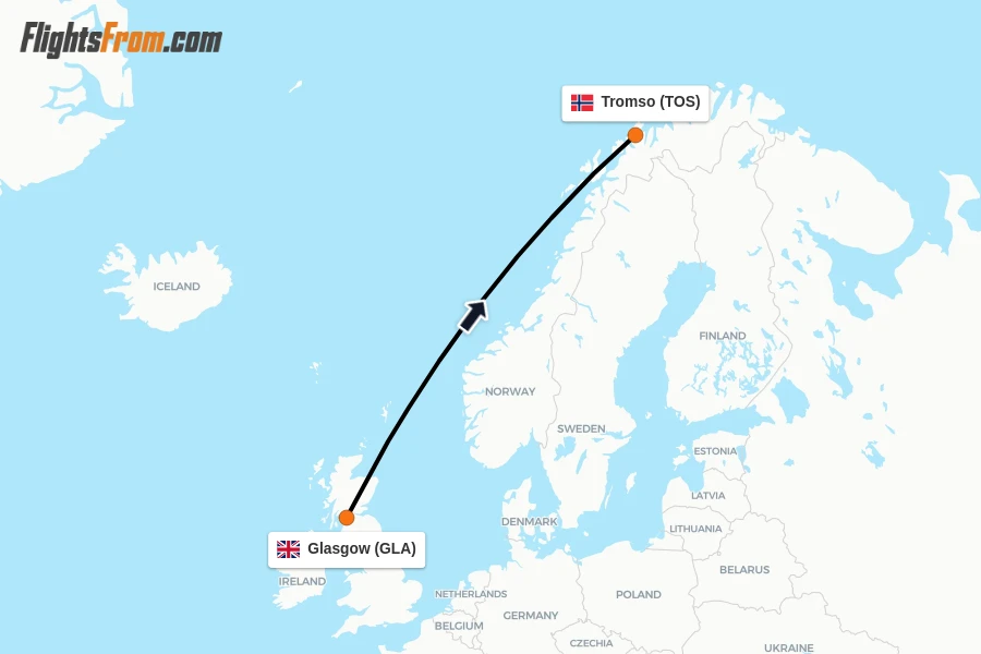 Flights from Glasgow to Tromso route map