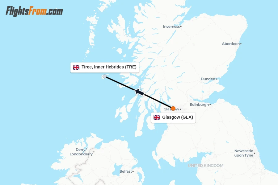 Flights from Glasgow to Tiree, Inner Hebrides route map