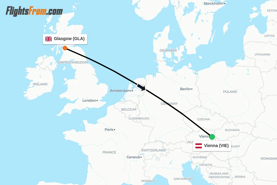 Flights from Glasgow to Vienna route map