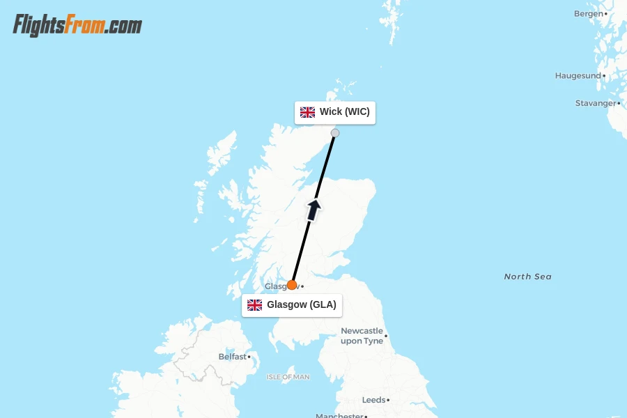 Flights from Glasgow to Wick route map