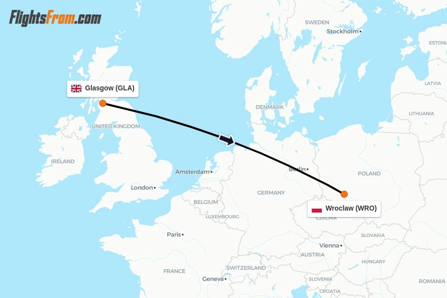 Flights from Glasgow to Wroclaw route map