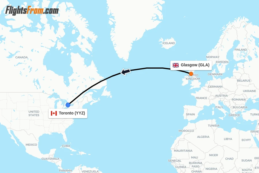 Flights from Glasgow to Toronto route map