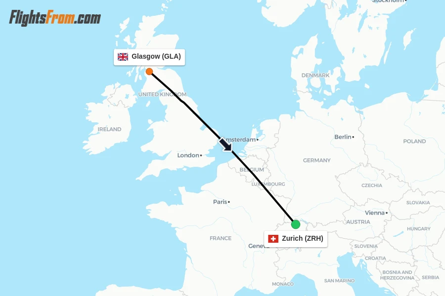 Flights from Glasgow to Zurich route map