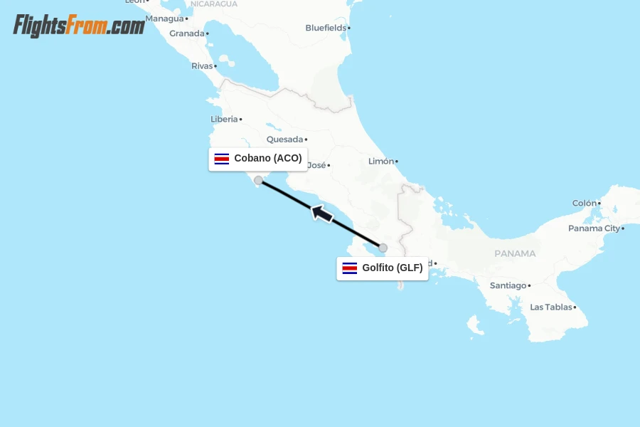 Flights from Golfito to Cobano route map