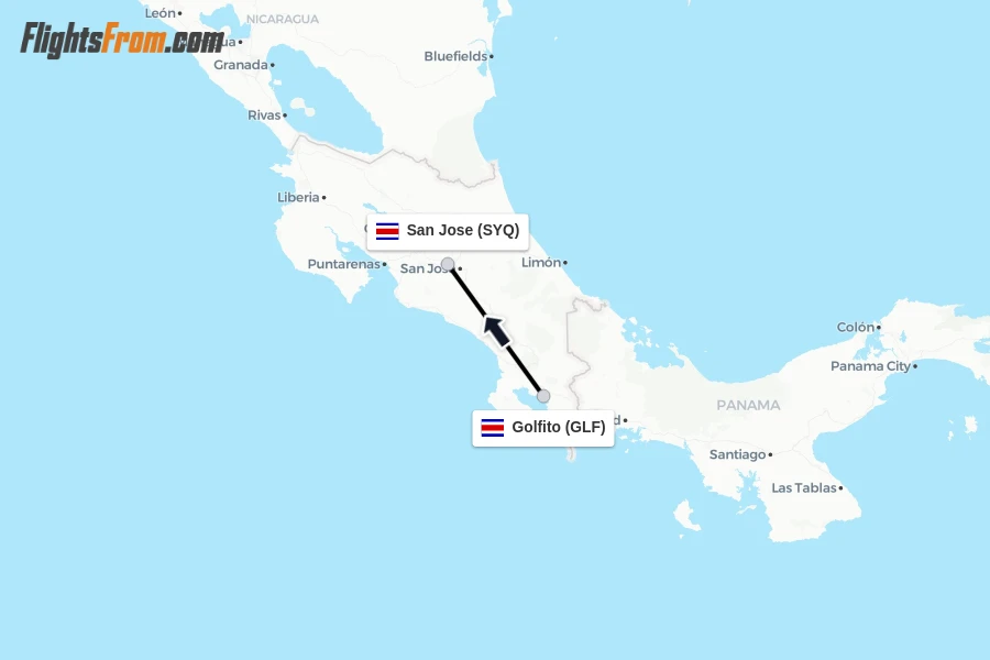 Flights from Golfito to San Jose route map