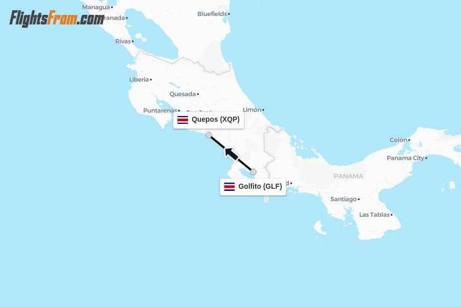 Flights from Golfito to Quepos route map
