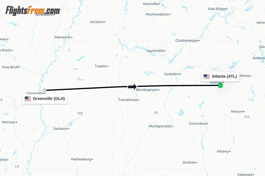 Flights from Greenville to Atlanta route map
