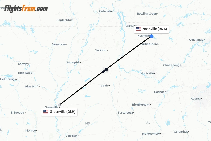 Flights from Greenville to Nashville route map