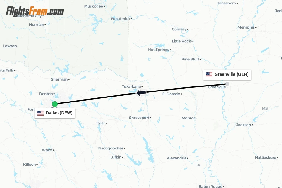 Flights from Greenville to Dallas route map