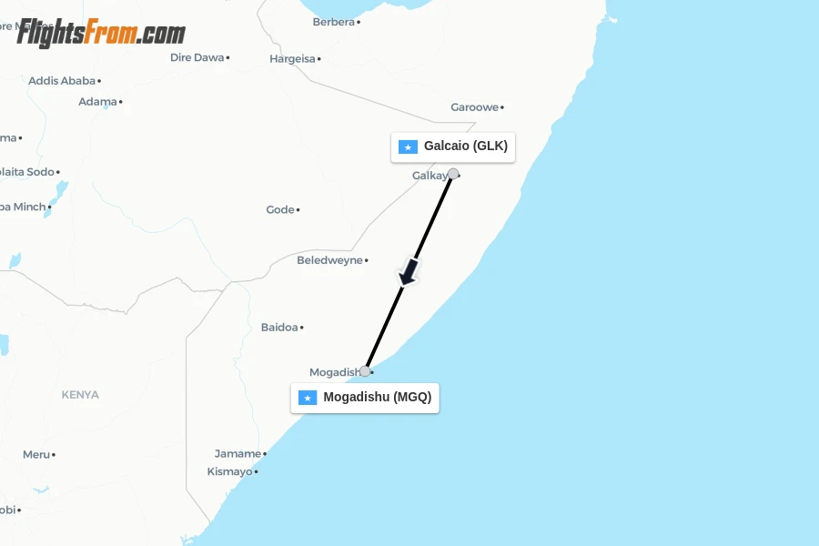 Flights from Galcaio to Mogadishu route map