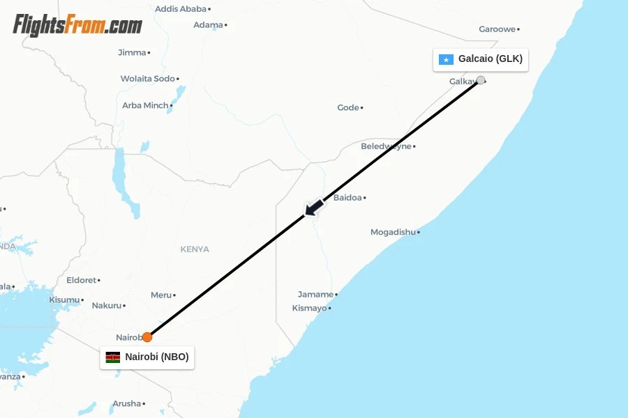 Flights from Galcaio to Nairobi route map