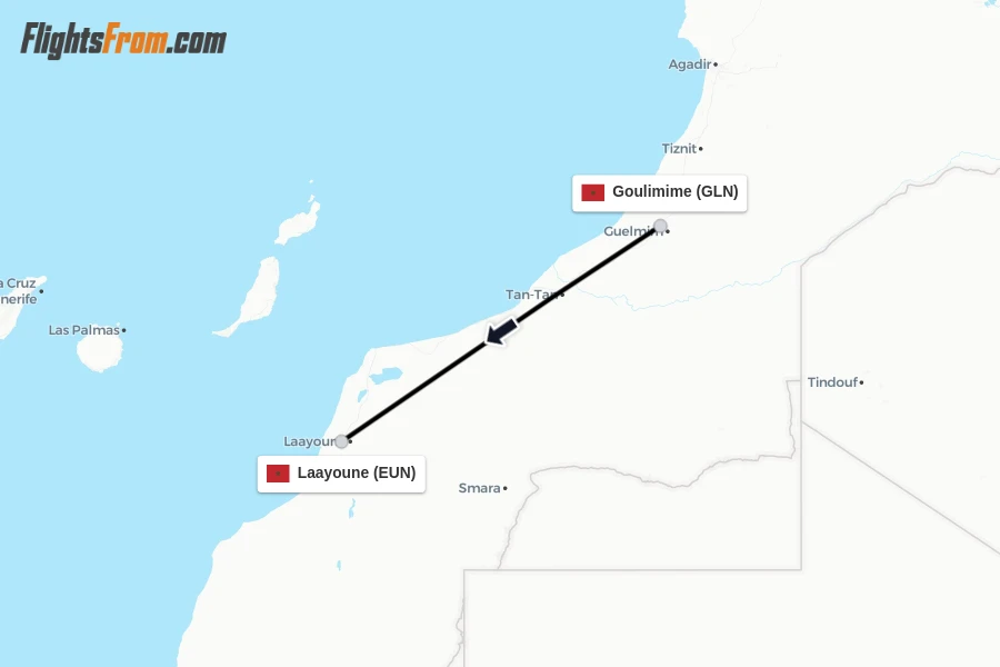 Flights from Goulimime to Laayoune route map