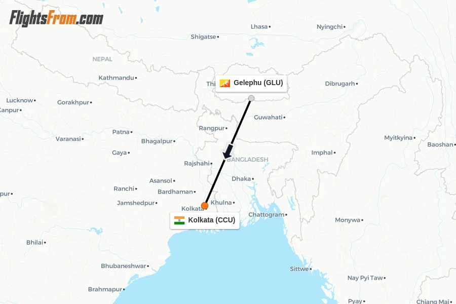 Flights from Gelephu to Kolkata route map