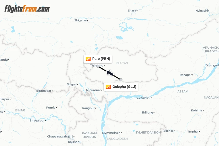 Flights from Gelephu to Paro route map