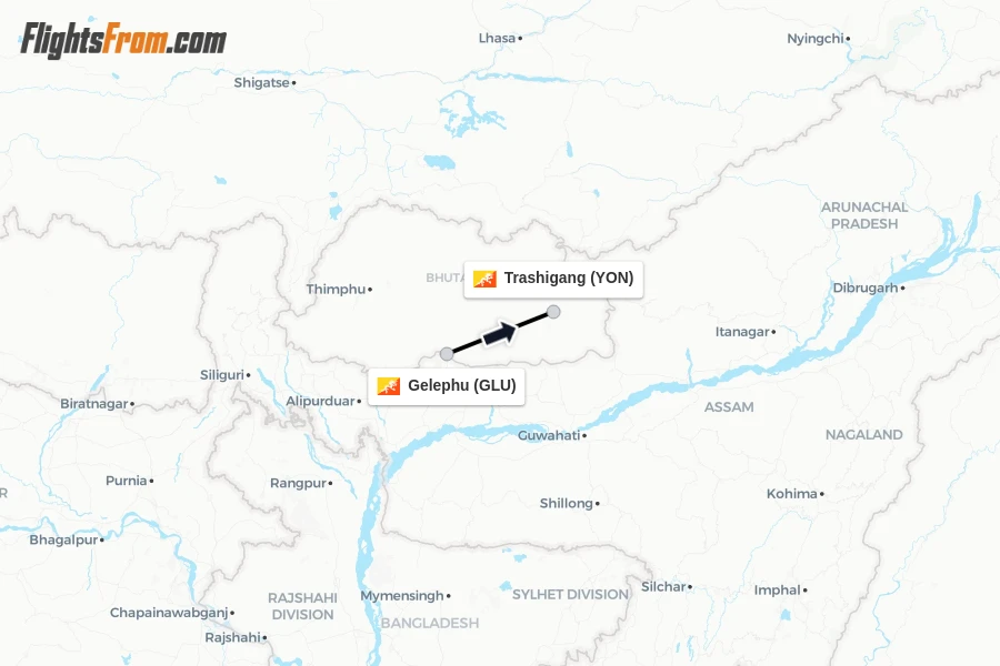 Flights from Gelephu to Trashigang route map