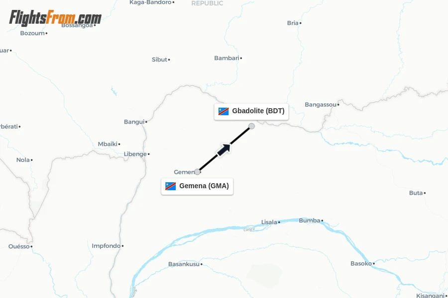 Flights from Gemena to Gbadolite route map