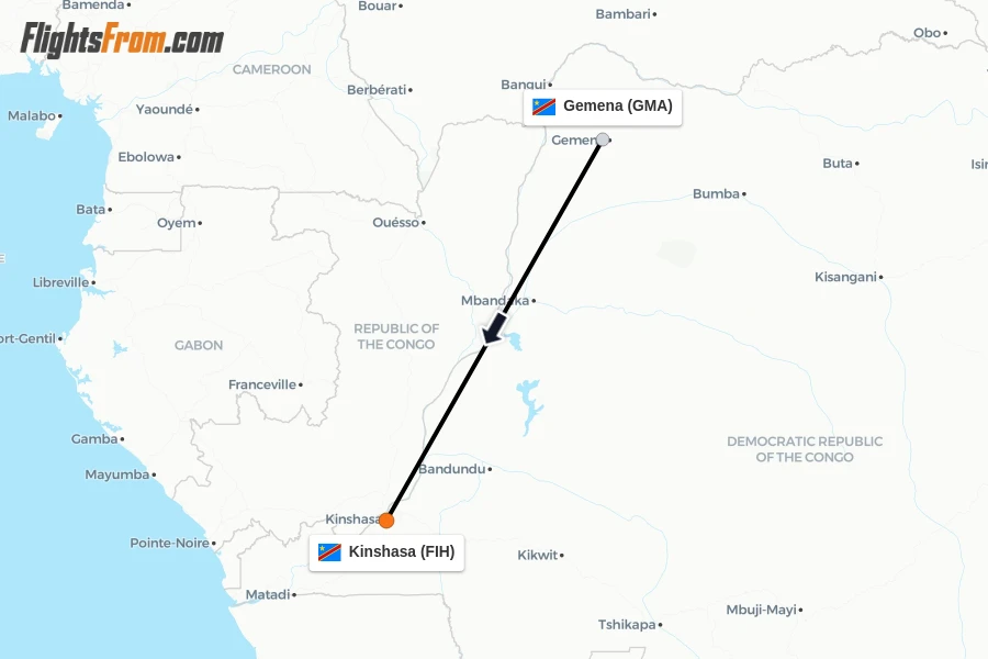 Flights from Gemena to Kinshasa route map