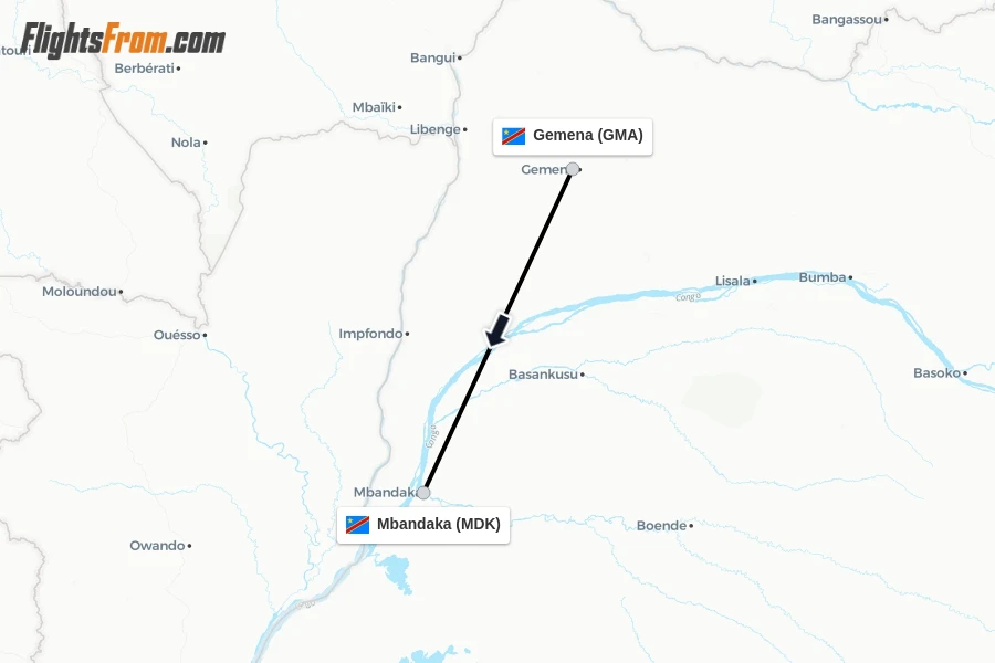Flights from Gemena to Mbandaka route map