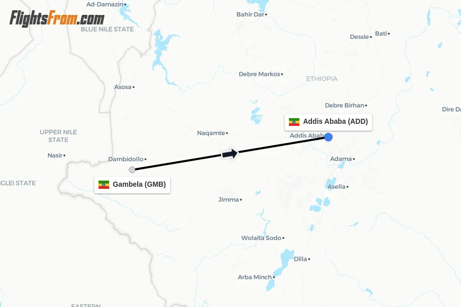 Flights from Gambela to Addis Ababa route map