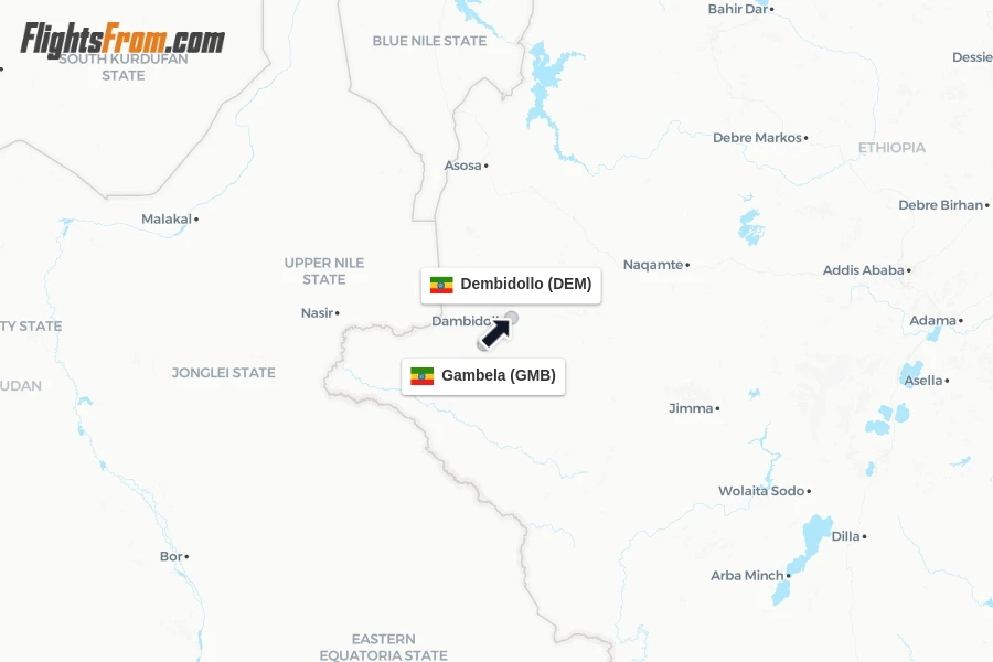 Flights from Gambela to Dembidollo route map