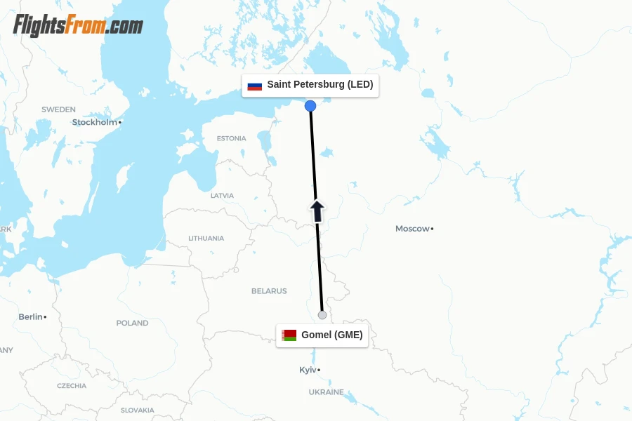 Flights from Gomel to Saint Petersburg route map
