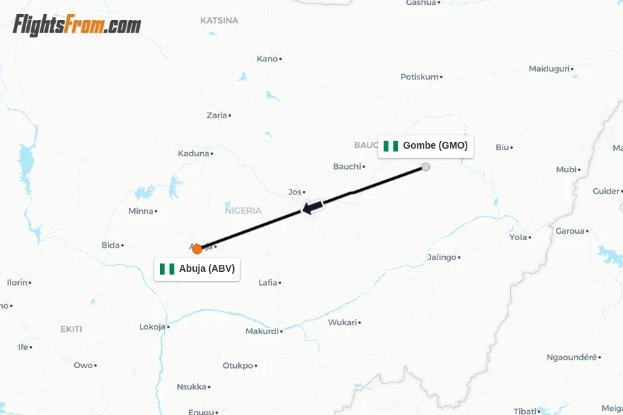 Flights from Gombe to Abuja route map