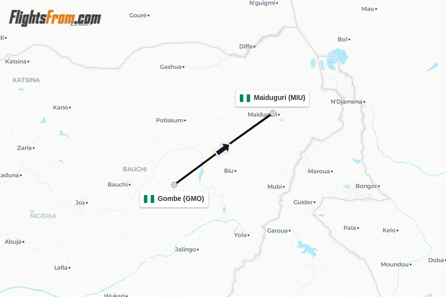 Flights from Gombe to Maiduguri route map