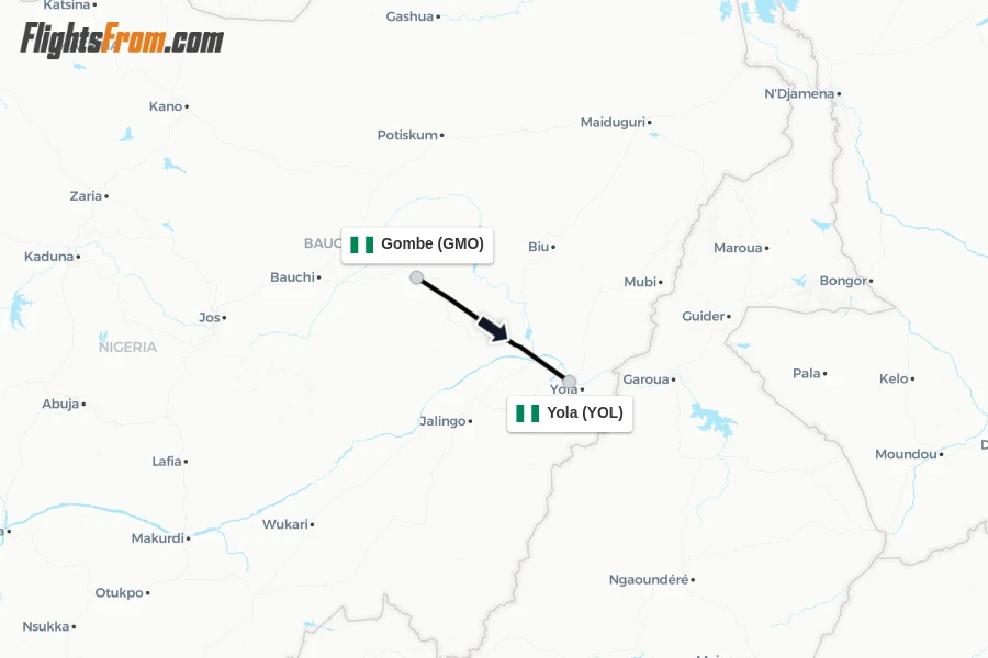 Flights from Gombe to Yola route map