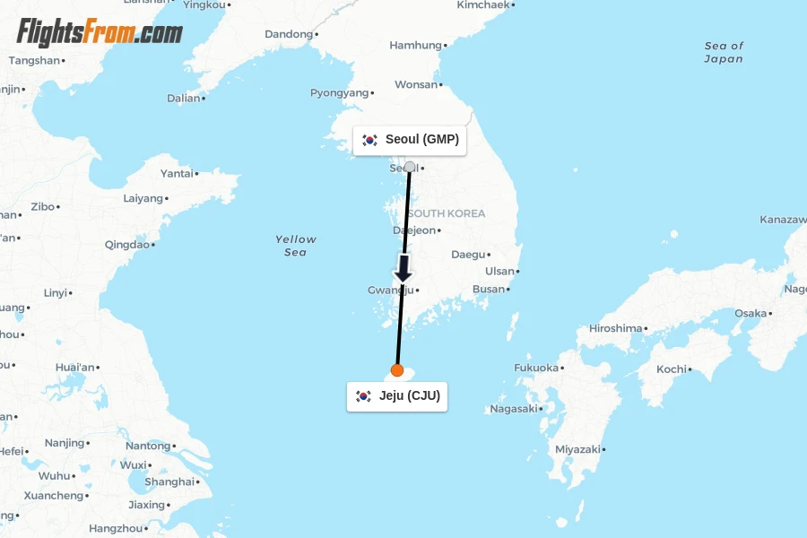 Flights from Seoul to Jeju route map